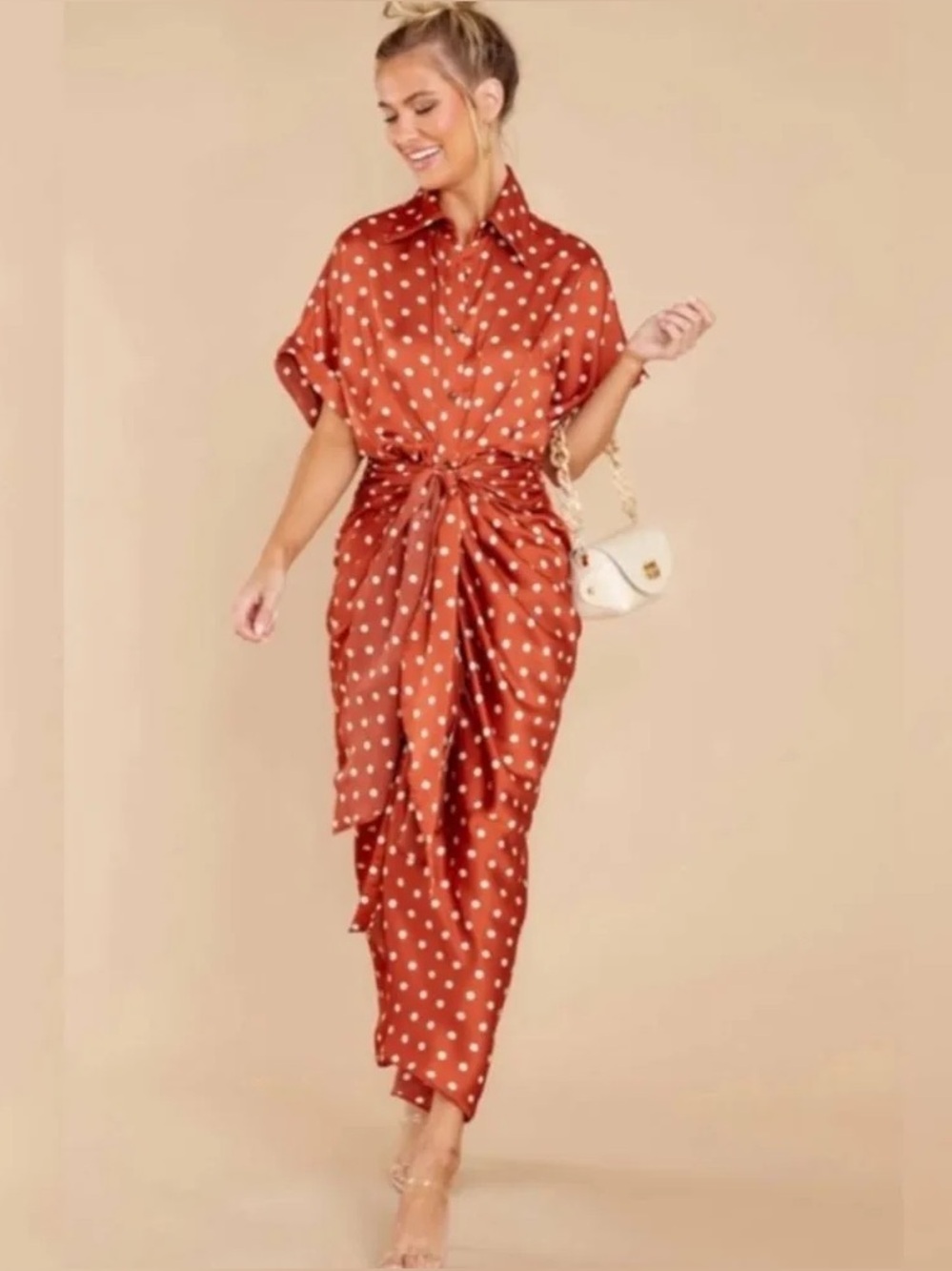 Mable Copper Polka Dot Tie Front Button Down Shirt Dress